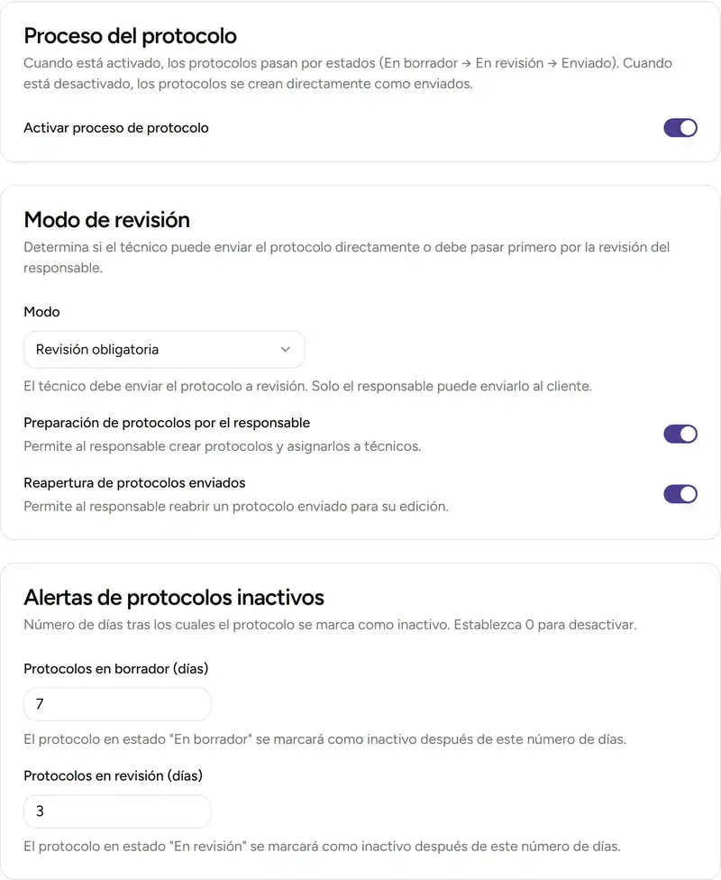 Ajustes de flujo de trabajo en la pestana Protocolo - Desktop