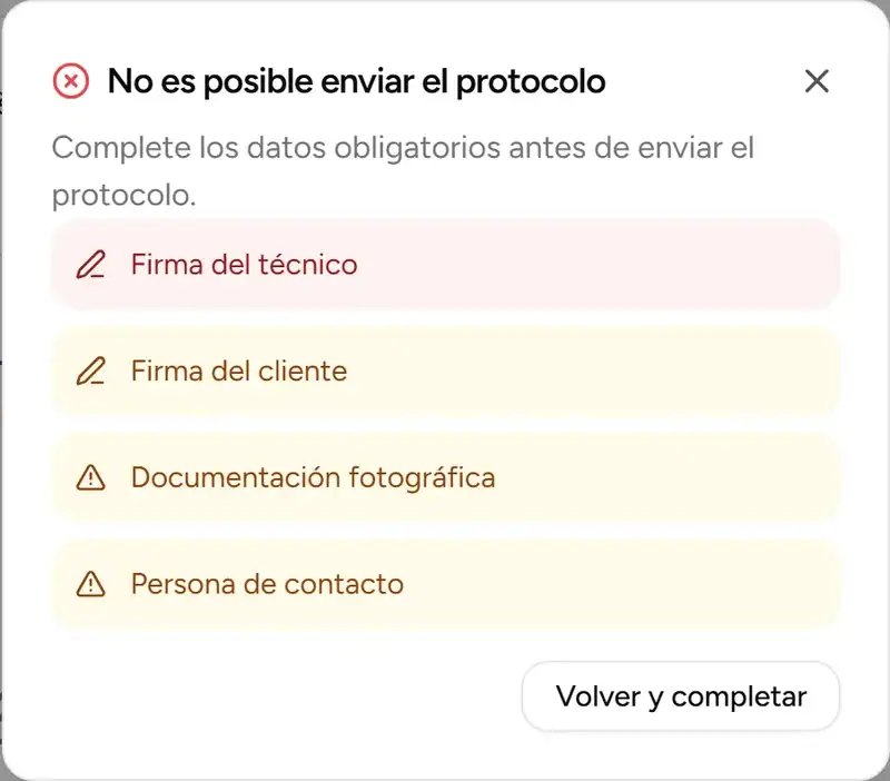 Dialogo de validacion antes del envio del protocolo - Desktop