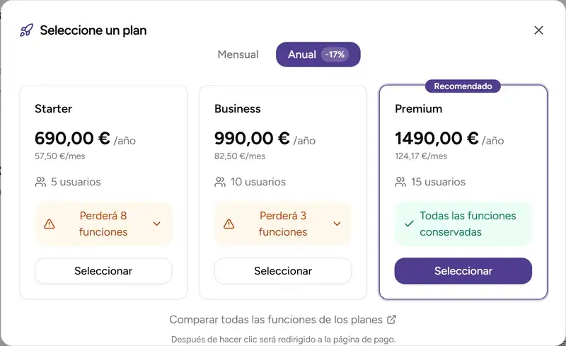 Selección del plan - Desktop