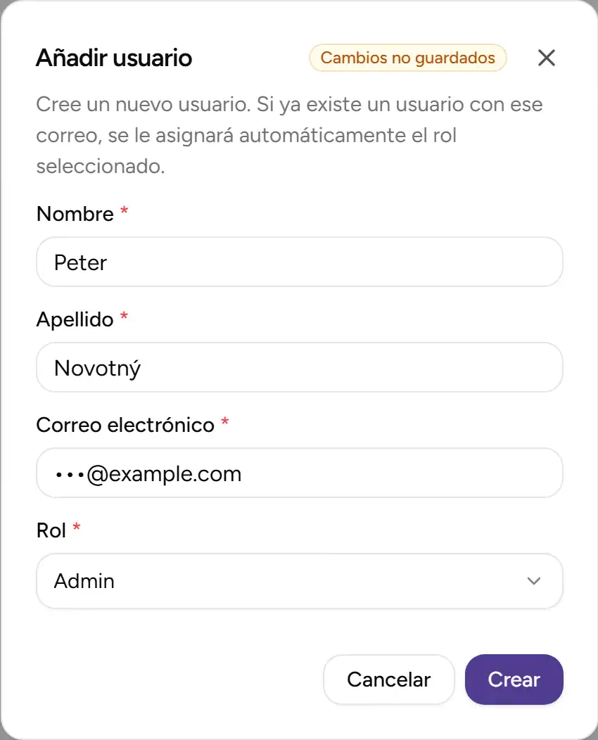 Diálogo de creación de usuario con el rol Admin - Desktop