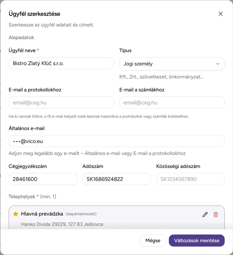 Ügyfél szerkesztése párbeszédablak - Desktop