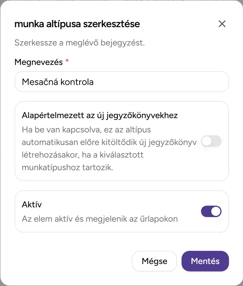 Munka-altípus szerkesztése - Desktop