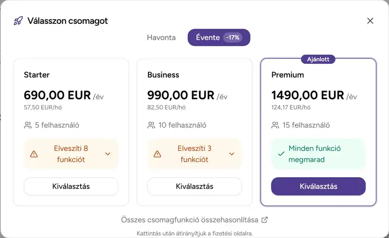 Csomagválasztás az alkalmazásban - Desktop