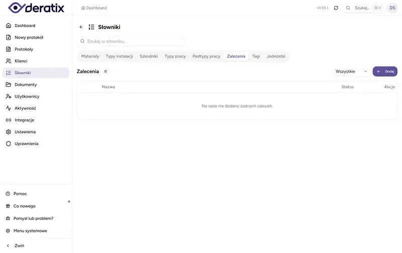 Deratix Zalecenia dla klienta — desktop application screenshot showing the feature in action