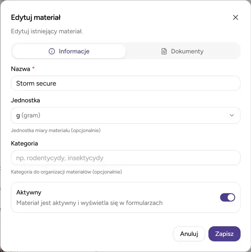 Dialog edycji materiału - Desktop