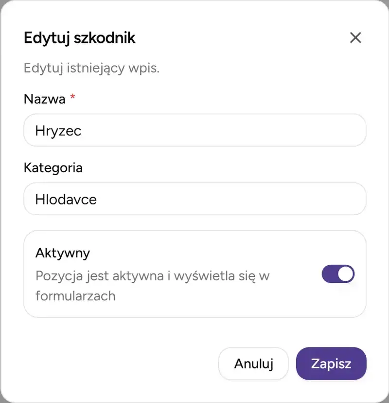 Dialog edycji szkodnika - Desktop