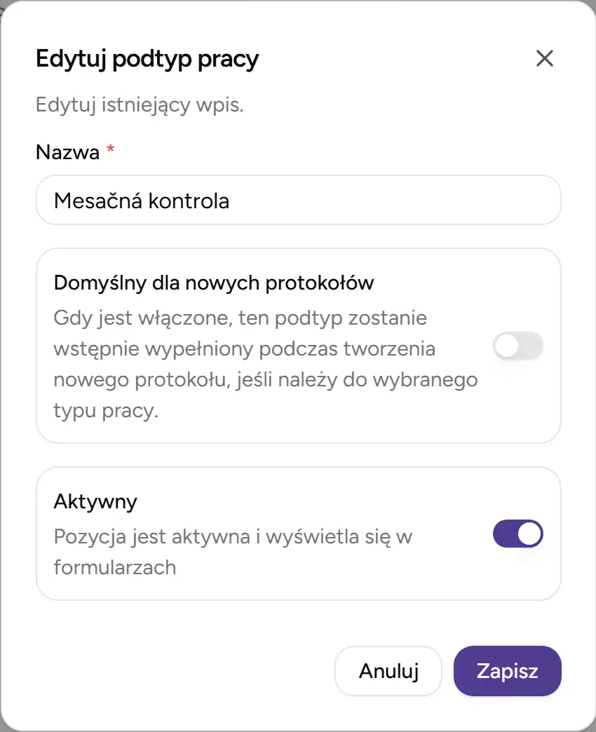 Dialog edycji podtypu pracy - Desktop