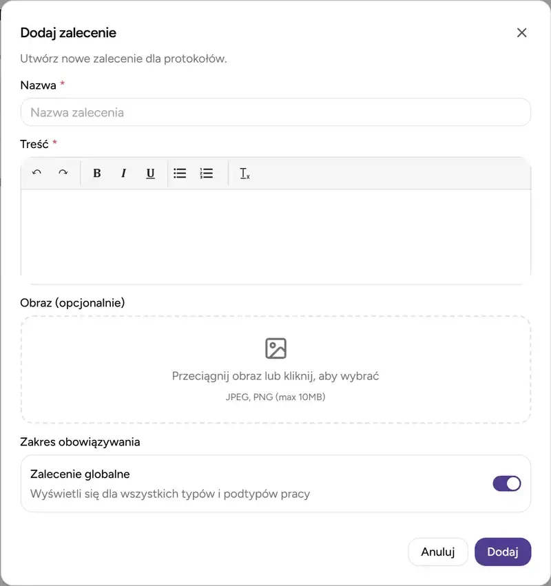Dialog edycji zalecenia - Desktop