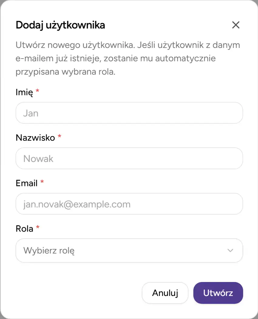 Dialog edycji użytkownika - Desktop