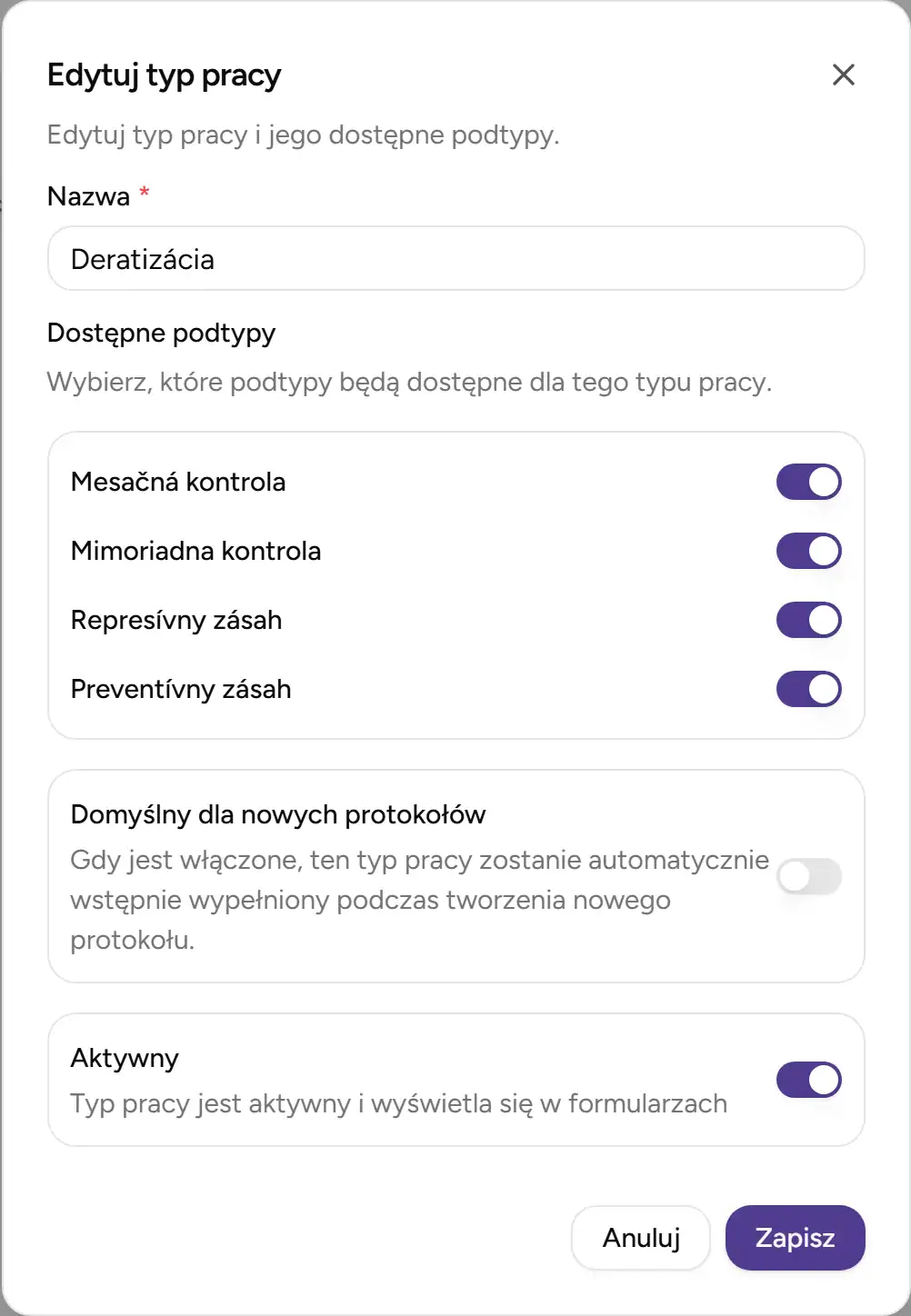 Dialog edycji typu pracy - Desktop