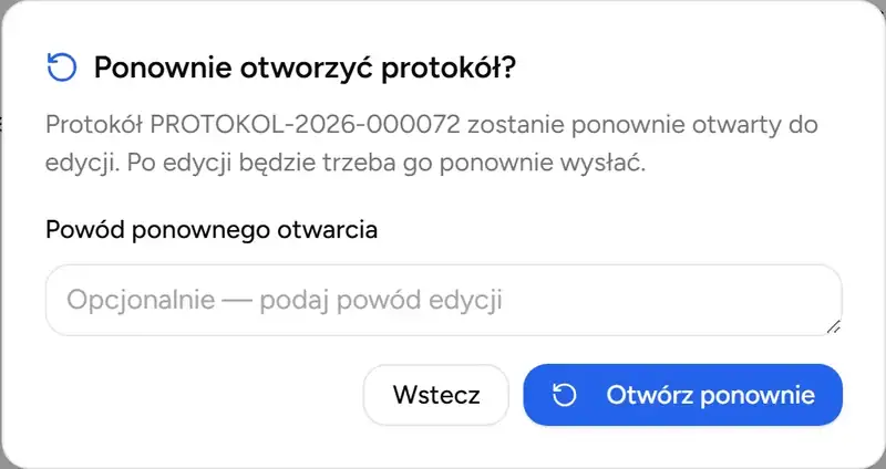 Dialog ponownego otwarcia protokolu z powodem edycji - Desktop