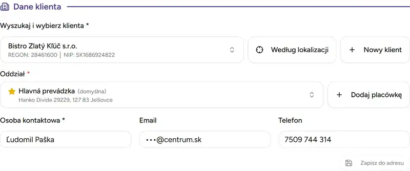 Dane kontaktowe w formularzu protokołu według wybranego oddziału - Desktop
