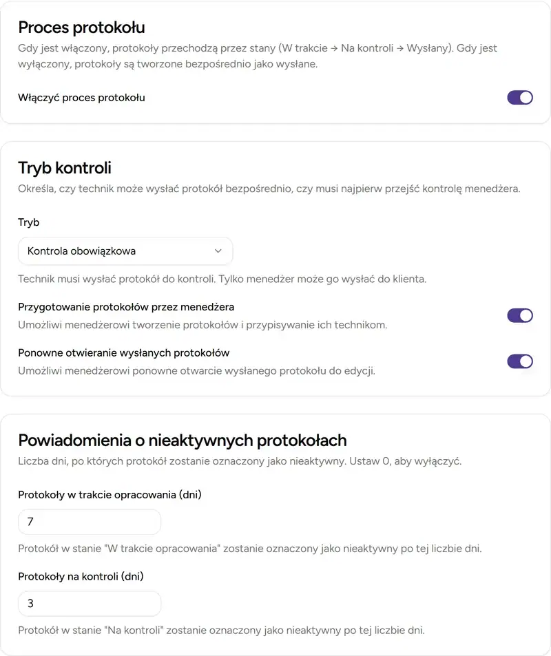 Ustawienia workflow w zakladce Protokol - Desktop