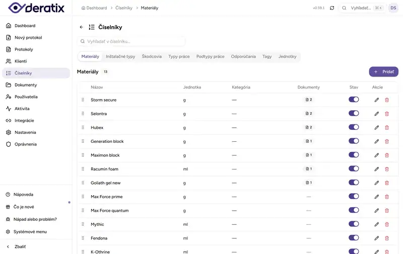 Číselník materiálov - Desktop