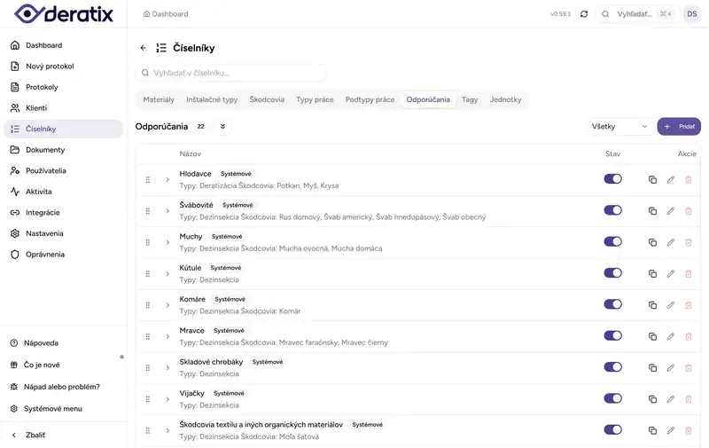 Deratix Odporúčania pre klienta — desktop application screenshot showing the feature in action