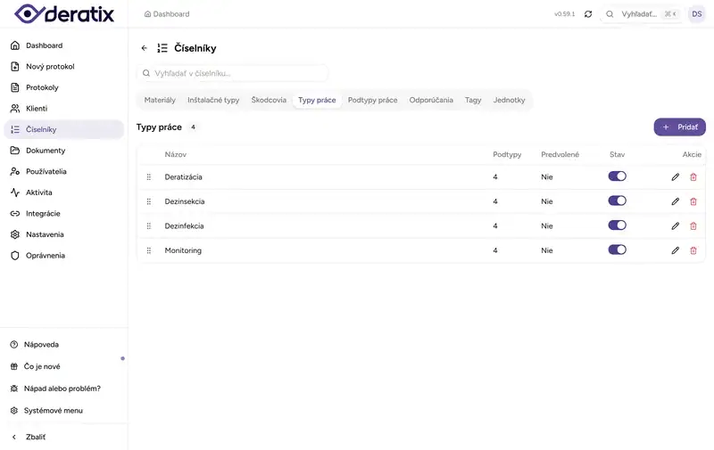 Číselník typov práce - Desktop