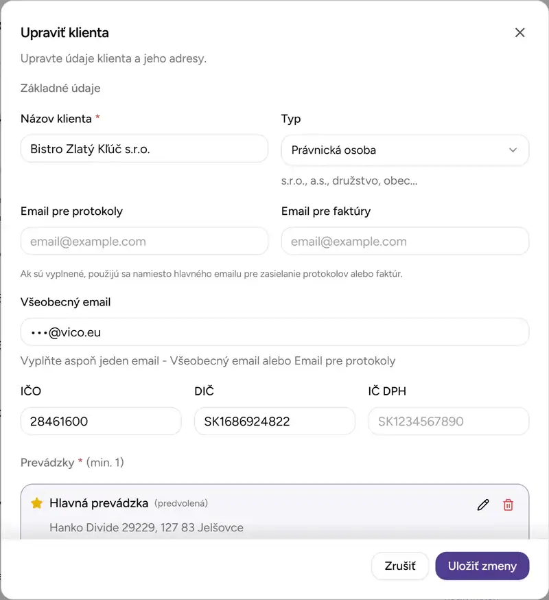 Dialóg editácie klienta - Desktop