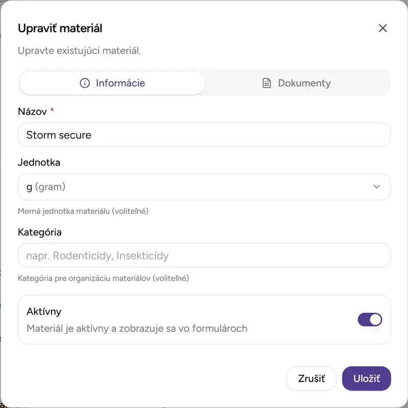 Dialóg editácie materiálu - Desktop