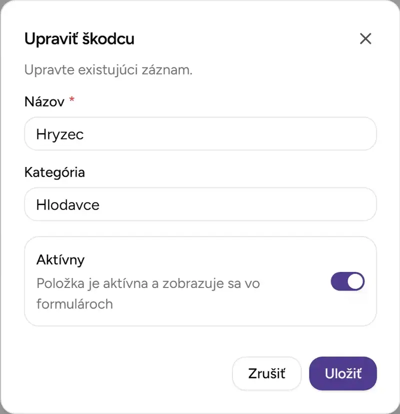 Dialóg editácie škodcu - Desktop