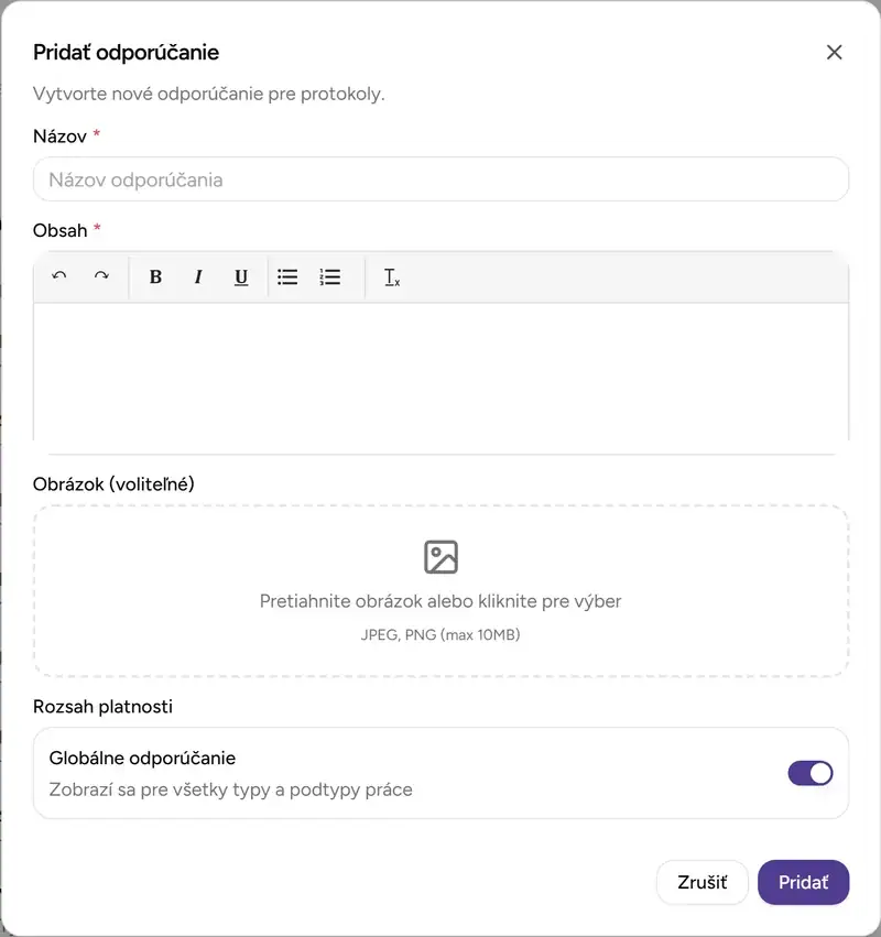 Dialóg editácie odporúčania - Desktop