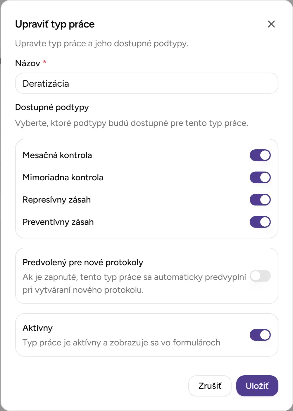 Dialóg editácie typu práce - Desktop