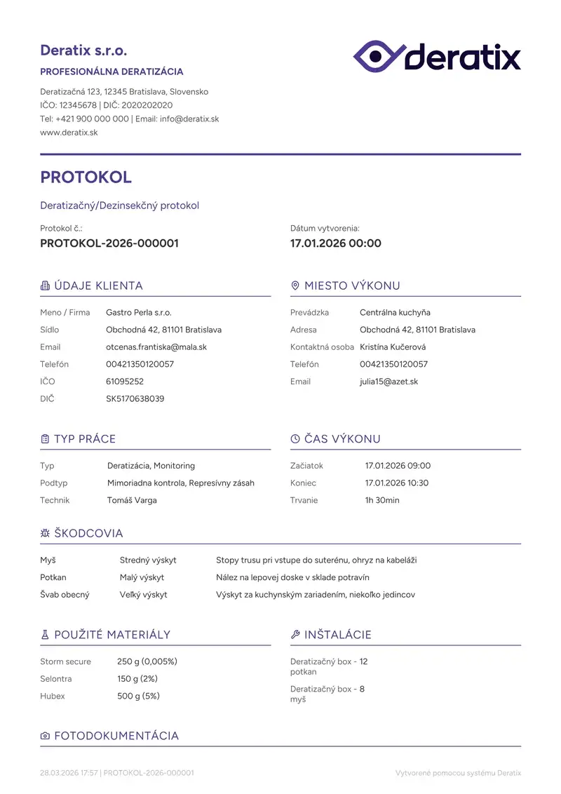 Deratix Generovanie PDF protokolu — desktop application screenshot showing the feature in action