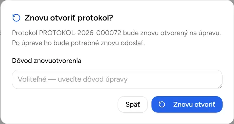 Dialóg na znovuotvorenie protokolu s dôvodom úpravy - Desktop