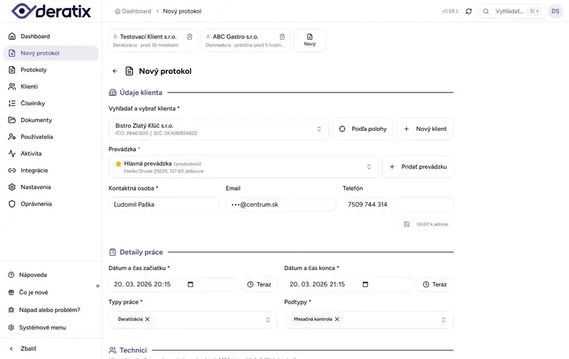 Deratix Digitálny protokol — desktop application screenshot showing the feature in action