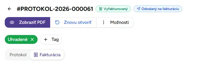 Protokol s odznakmi Vyfakturovaný a Odoslaný na fakturáciu - Desktop