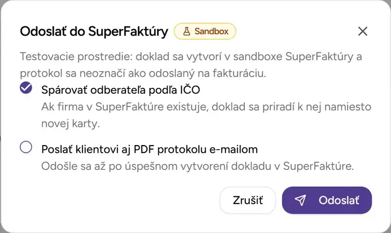 Dialóg Odoslať do SuperFaktúry - Desktop