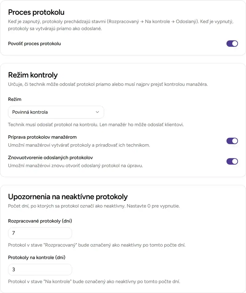 Nastavenia workflow v záložke Protokol - Desktop