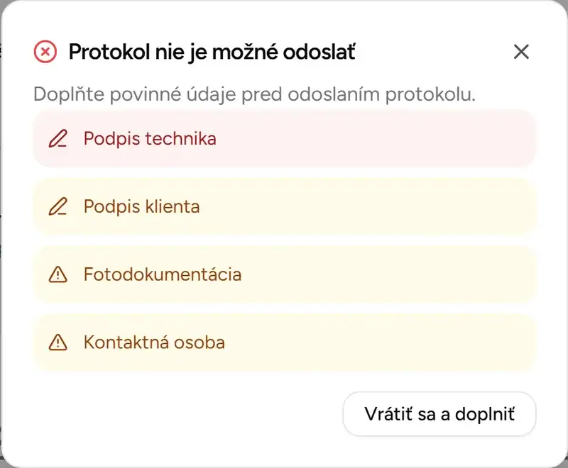 Validačný dialóg pred odoslaním protokolu - Desktop