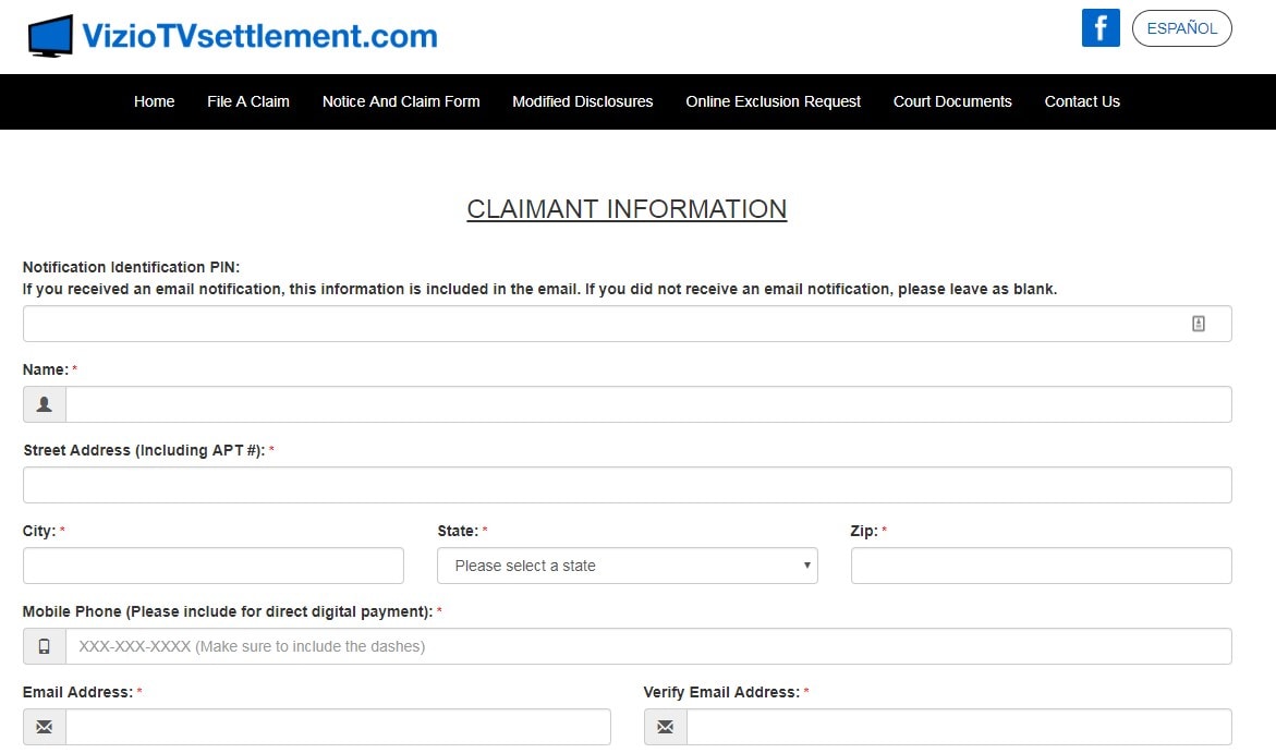 top of the Vizio smart TV lawsuit claim form