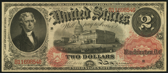 1874 Two Dollar Legal Tender Or United States Note