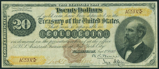 1882 Twenty Dollar Gold Certificates Countersigned