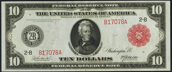 1914 Ten Dollar Federal Reserve Notes Red Seal A