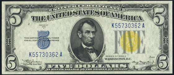 1934a Five Dollar Silver Certificates Yellow Seal North Africa