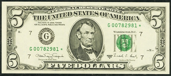 1988a Five Dollar Federal Reserve Notes FW