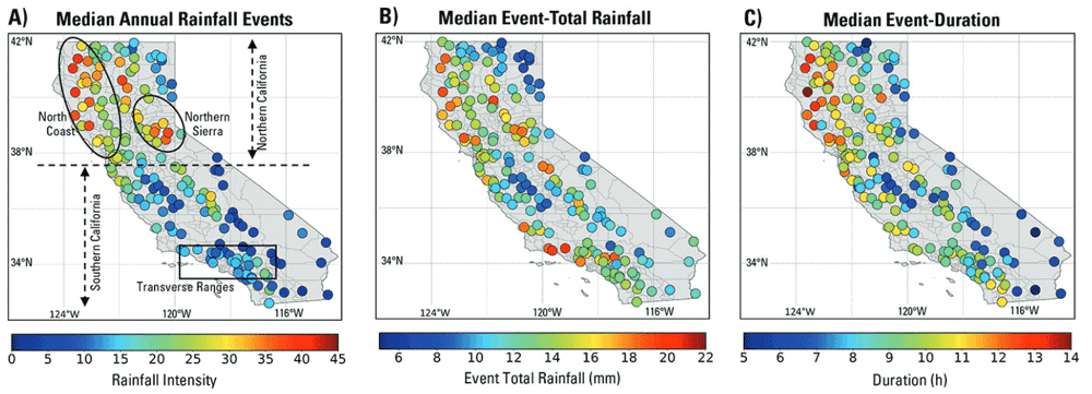 Median characteristics of rainfall events including (A) annual numbers, (B) event-total rainfall, (C) event-duration. Figure: Lamjiri et al., 2018