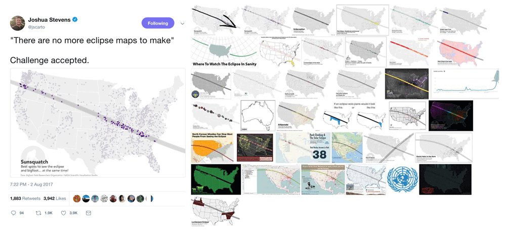 The tweet by Joshua Stevens of his viral map (left) that launched a large cartographic response (right). Modified from: Robinson, 2018.