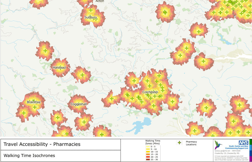 Isochrone map showing walk times to local pharmacies. Source: HealthGIS, NHS, UK.