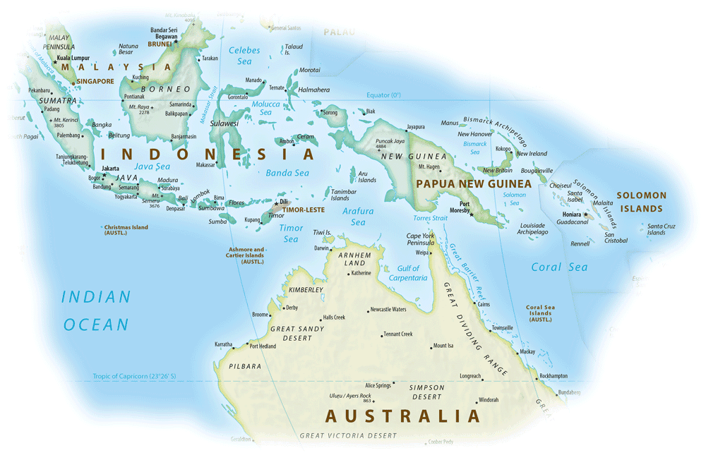 Map showing the location of New Guinea. Map: Equal Earth Physical Map, public domain.