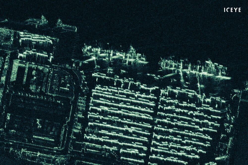 ICEYE radar satellite imagery that has been acquired and processed at 0.5-meter ground sample distance, featuring a port container terminal near Port Harcourt, Nigeria. Image: ICEYE