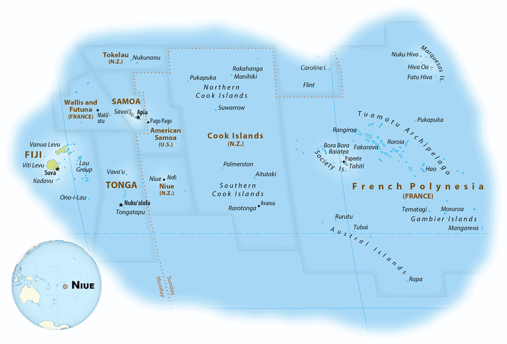 Map showing the location of Niue. Map: Equal Earth Wall Map, public domain.