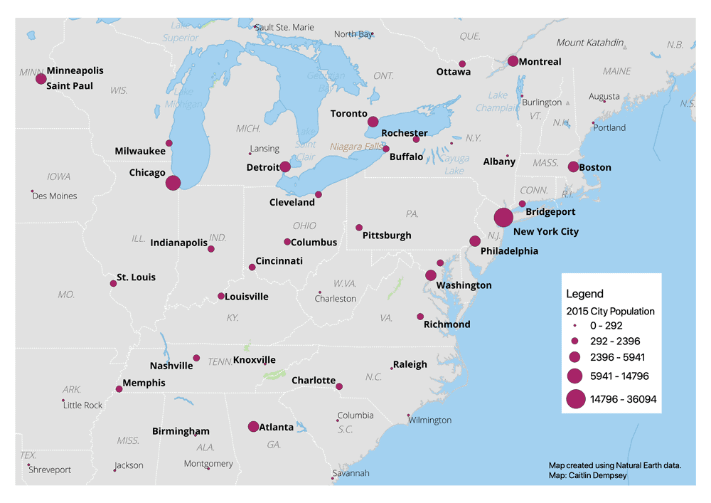 This map shows city locations symbolized based on population sizes using graduated circles. Map: Caitlin Dempsey