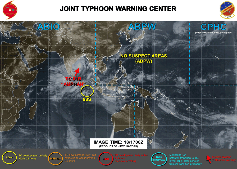 Satellite imagery from the Joint Typhoon Warning Center (JTWC) showing the location of Amphan.