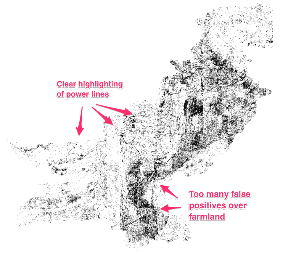 Black dots predict where a high voltage tower might be present. The model worked well in desert areas of Pakistan but produced a high number of false positives in farmland areas. Source: Bollinger, 2018.