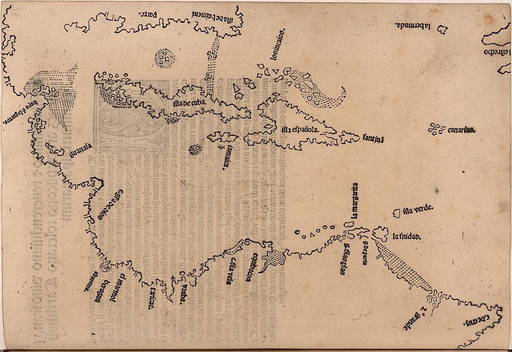 Map of the Caribbean published in Legatio Babylonica, 1511 by Peter Martyr d'Anghiera. Digitized image from John Carter Brown Library, public domain.