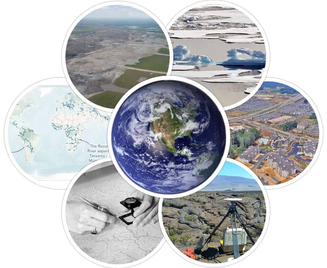 Collage of different pictures of the Earth with the Blue Marble in the center.