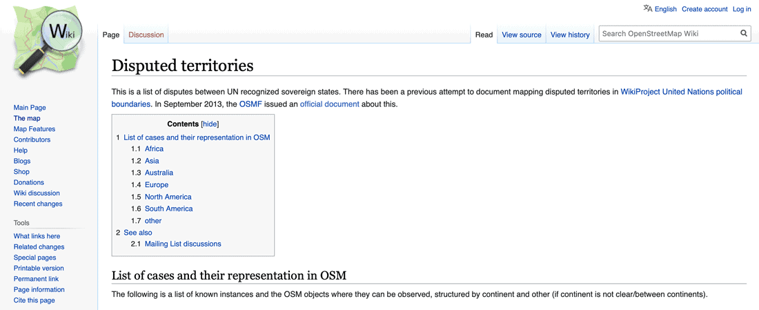 OpenStreetMap maintains a wiki page of disputed territories. Screenshot taken 12-April-2021.